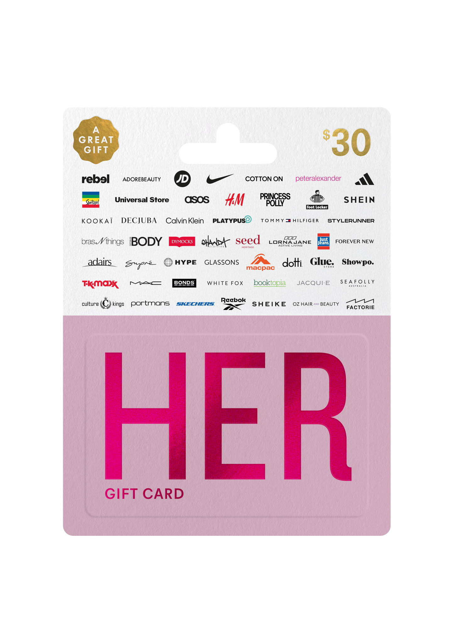 Pink 'HER' gift card with brand logos on a white background