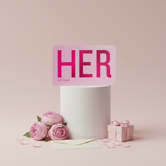 Pink 'HER' gift card with flowers and a small gift box on a light pink background