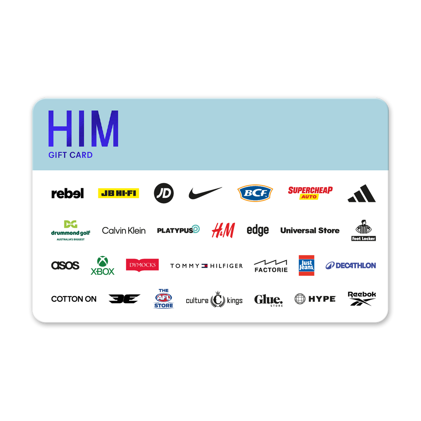Gift card with various brand logos on a white background