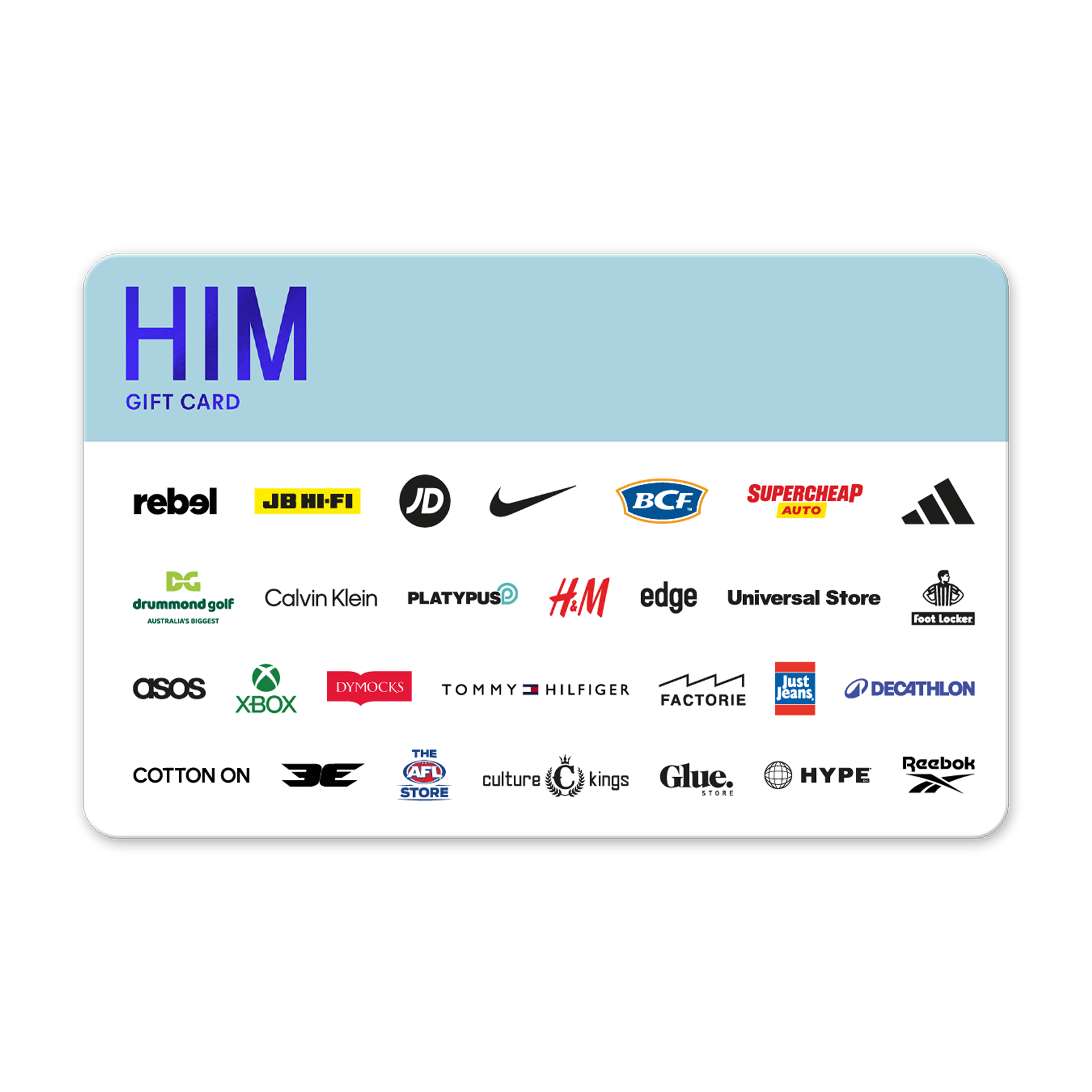 Gift card with various brand logos on a white background
