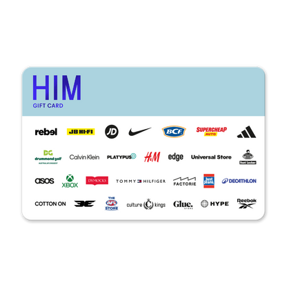 Gift card with various brand logos on a white background