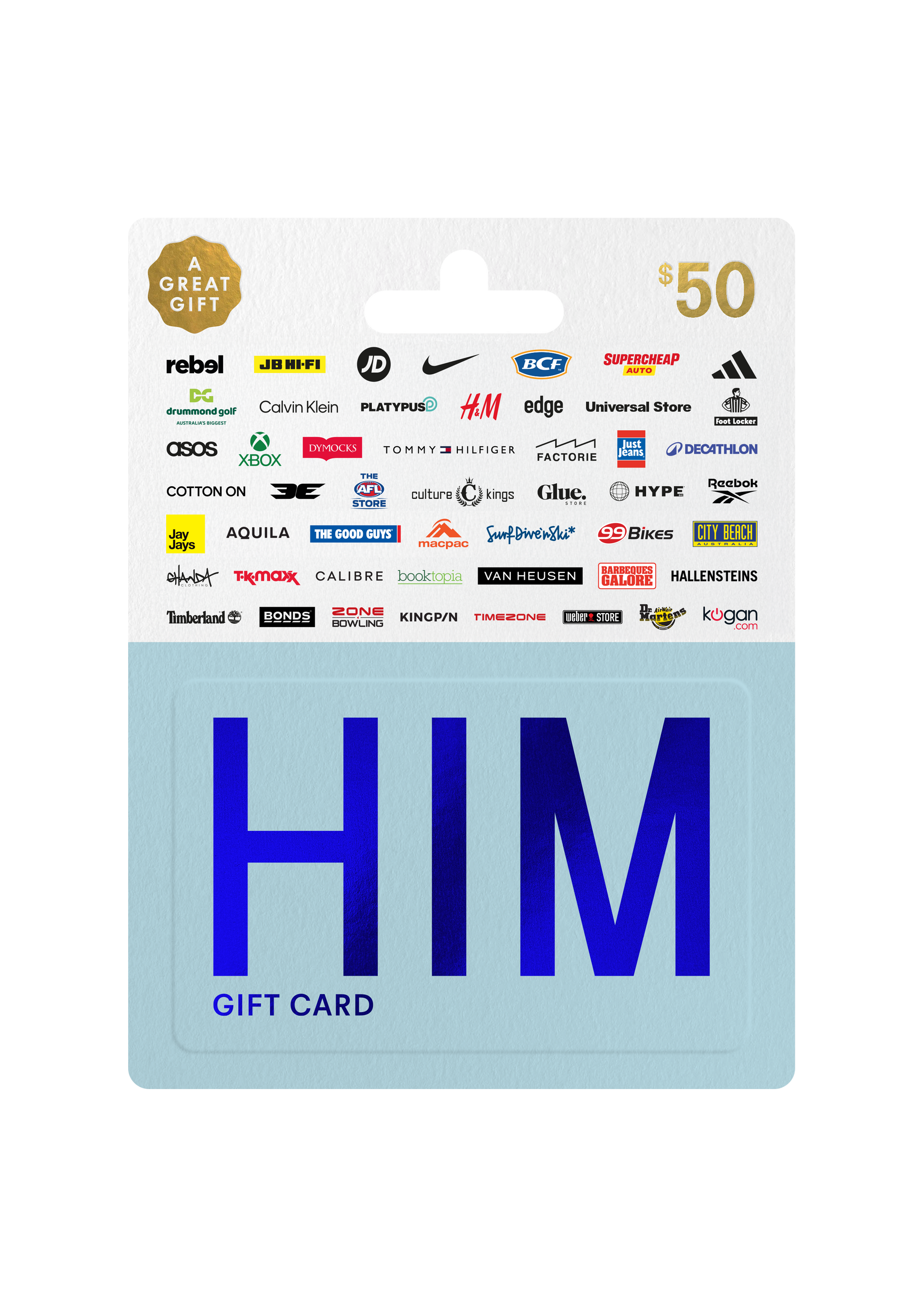 Gift card packaging for 'HIM' with brand logos on a white background