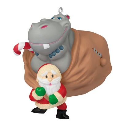 I Want a Hippopotamus for Christmas Musical — 2026 Hallmark Keepsake Christmas Ornament featuring Santa holding a toy hippo with candy cane detail.