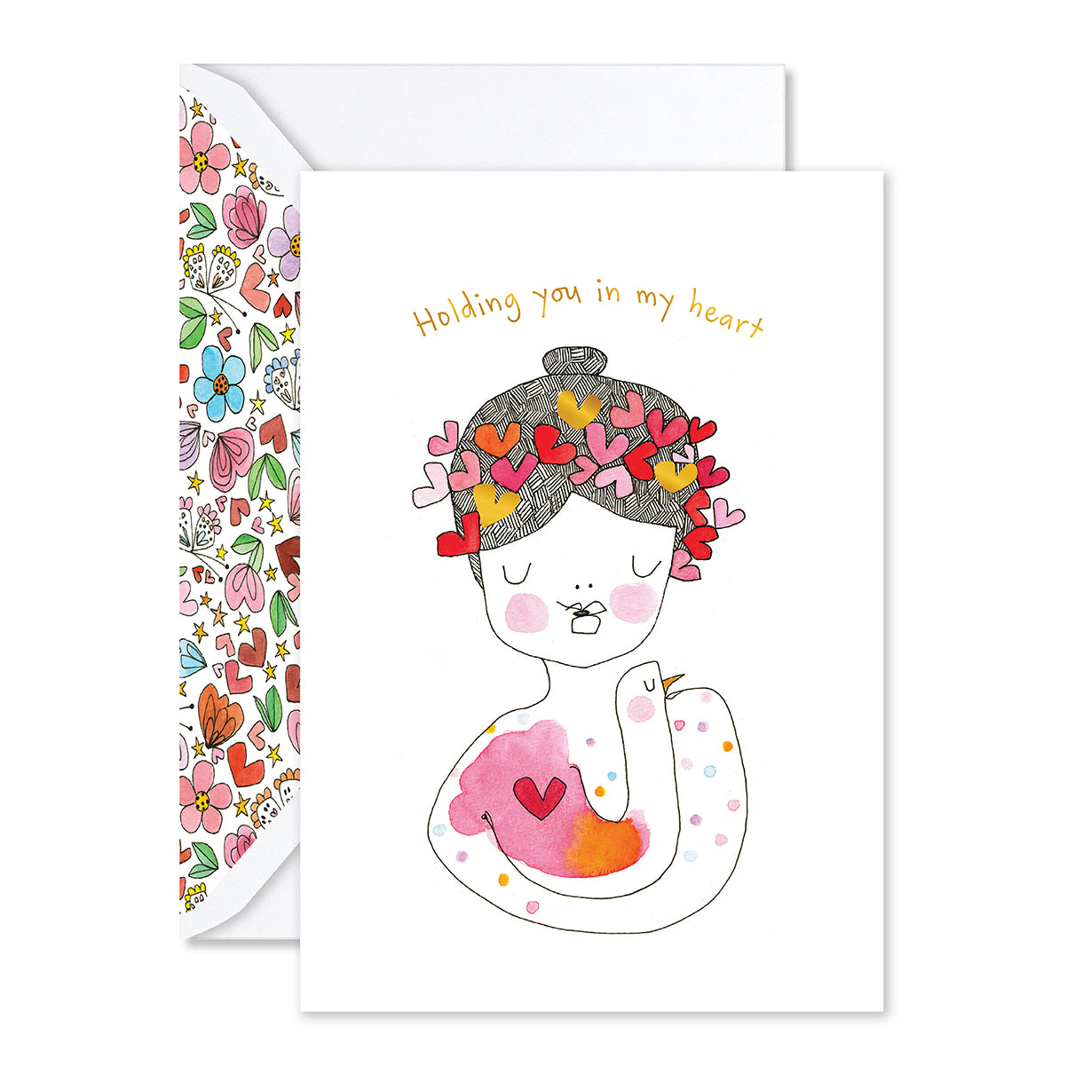 Greeting card with a colorful illustration of a girl holding a heart, surrounded by flowers and hearts on a white background.