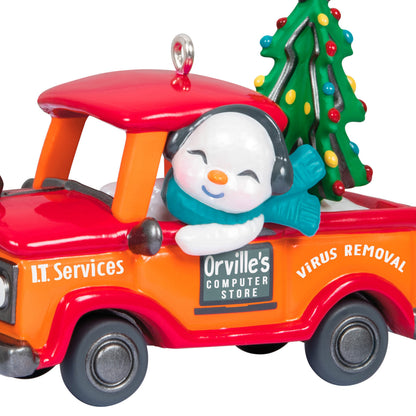 Holiday Parade — Hallmark Keepsake Christmas Ornament, snowman in pickup truck with tree, close-up view