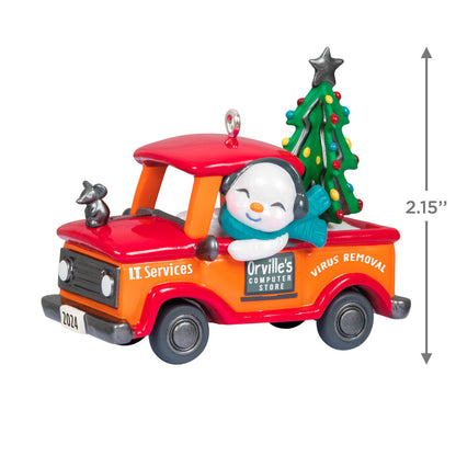 Holiday Parade — Hallmark Keepsake Christmas Ornament featuring a smiling snowman in a truck with a Christmas tree and mouse hood ornament, angled view
