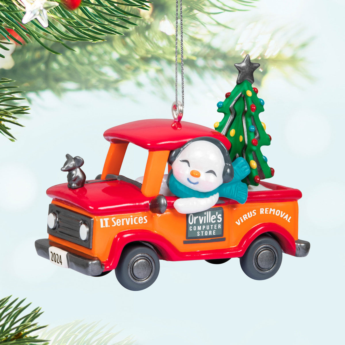 Holiday Parade — Hallmark Keepsake Christmas Ornament featuring a snowman in a red pickup truck with a Christmas tree and mouse detail.