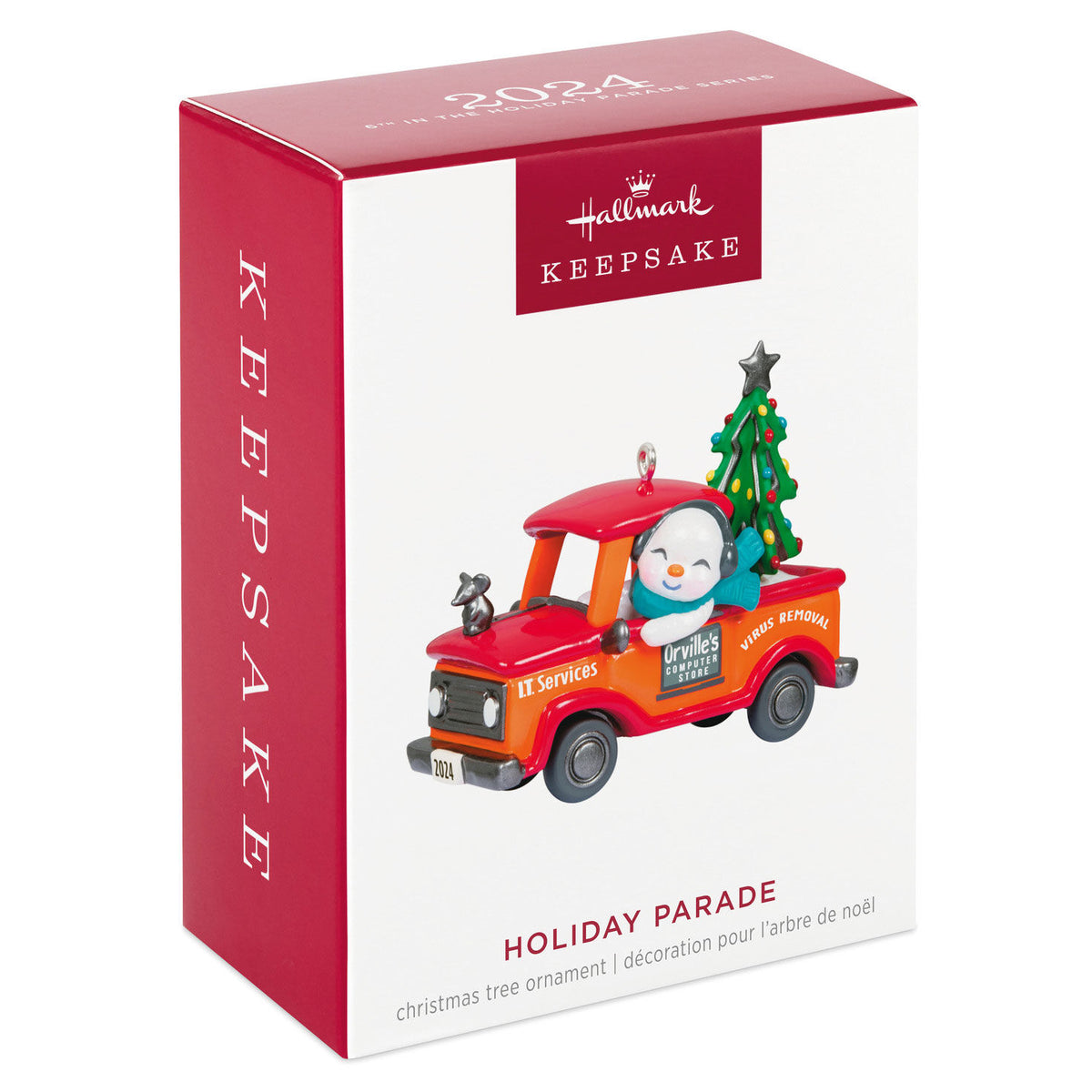 Holiday Parade — Hallmark Keepsake Christmas Ornament in festive box, featuring a cheerful snowman truck with a Christmas tree.