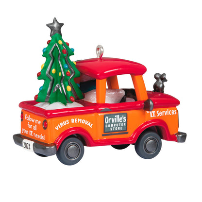 Holiday Parade — Hallmark Keepsake Christmas Ornament, festive pickup truck with a tree and mouse, angled view, 2024 edition.