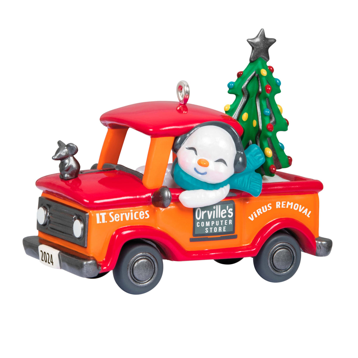 Holiday Parade — Hallmark Keepsake Christmas Ornament in cheerful snowman design driving an orange pickup truck with Christmas tree and mouse ornament