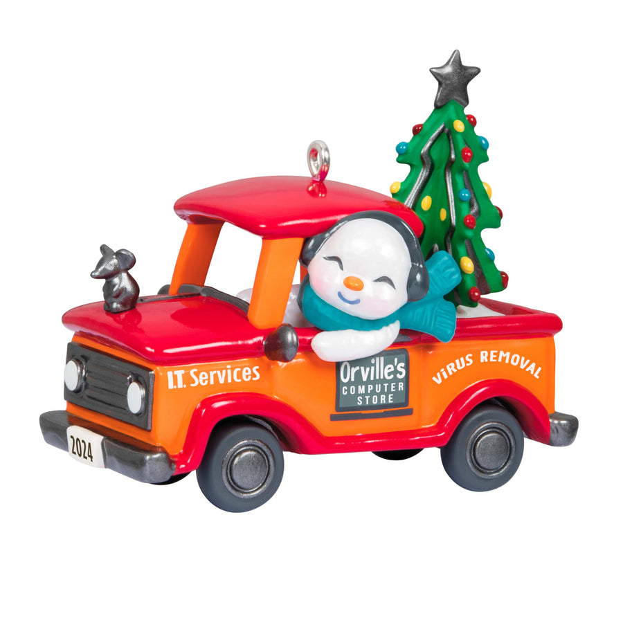 Holiday Parade — Hallmark Keepsake Christmas Ornament in cheerful snowman design driving an orange pickup truck with Christmas tree and mouse ornament