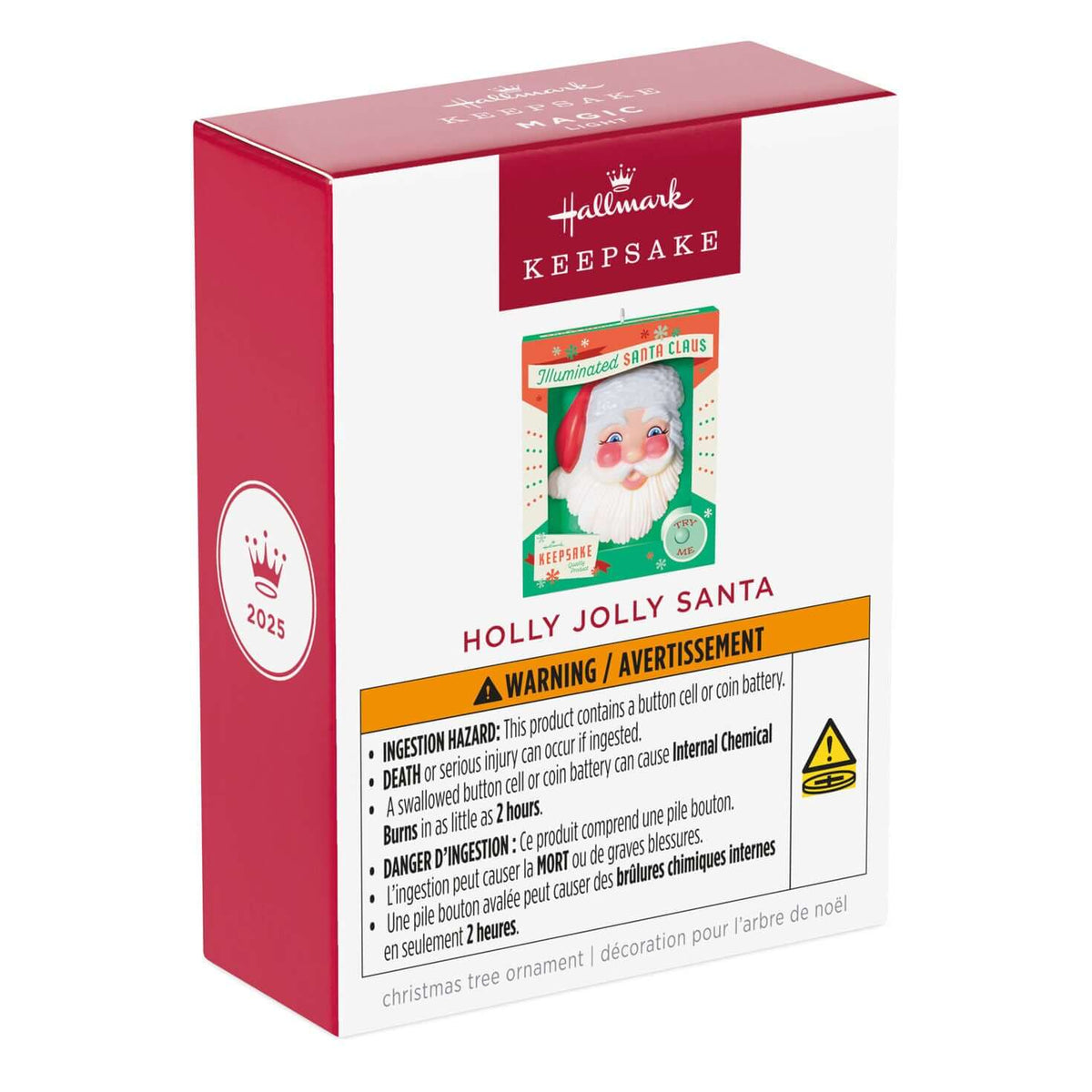 Holly Jolly Santa — 2025 Hallmark Keepsake Christmas Ornament in retro packaging with warning details and design.