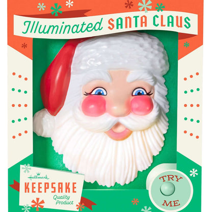 Holly Jolly Santa — 2025 Hallmark Keepsake Christmas Ornament, illuminated Santa face in retro-style packaging, 3.25 inches tall.