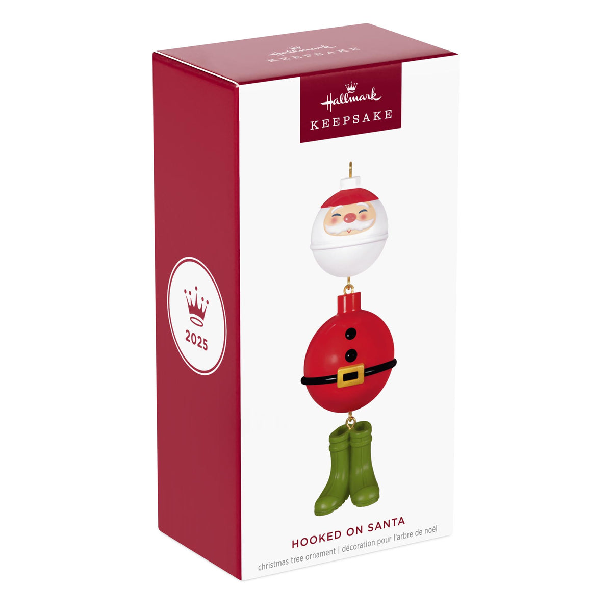 Hooked On Santa, Fishing — 2025 Hallmark Keepsake Christmas Ornament in gift packaging featuring Santa bobber and green boots.