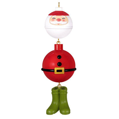 Hooked On Santa, Fishing — 2025 Hallmark Keepsake Christmas Ornament, featuring Santa with fishing bobbers and green boots in vibrant colours.