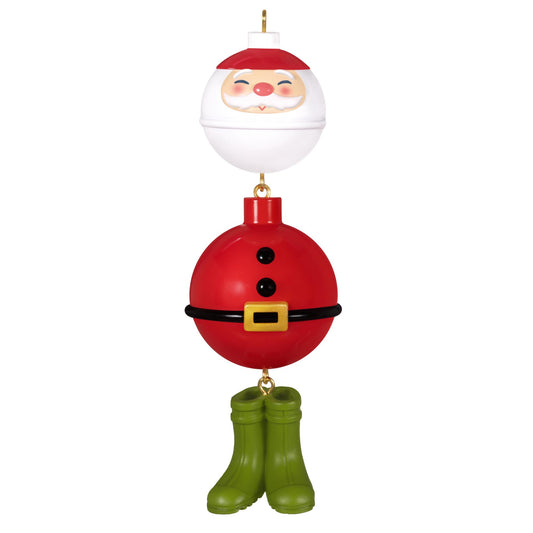 Hooked On Santa, Fishing — 2025 Hallmark Keepsake Christmas Ornament, featuring Santa with fishing bobbers and green boots in vibrant colours.