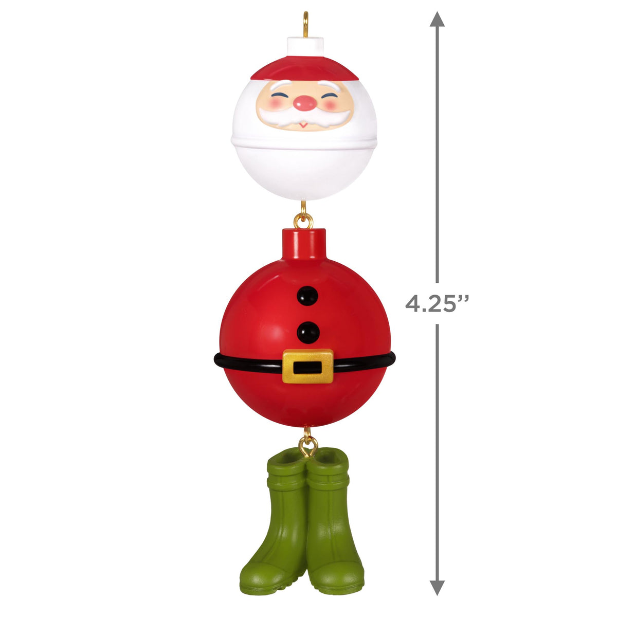 Hooked On Santa, Fishing — 2025 Hallmark Keepsake Christmas Ornament featuring Santa bobbers with green boots, 10.8 cm tall