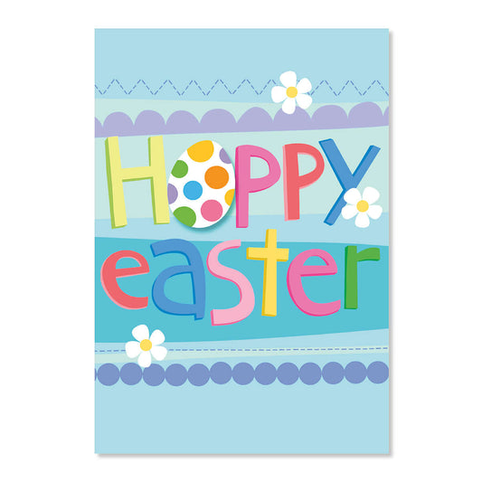 Colorful 'Happy Easter' card with flowers on a light blue background