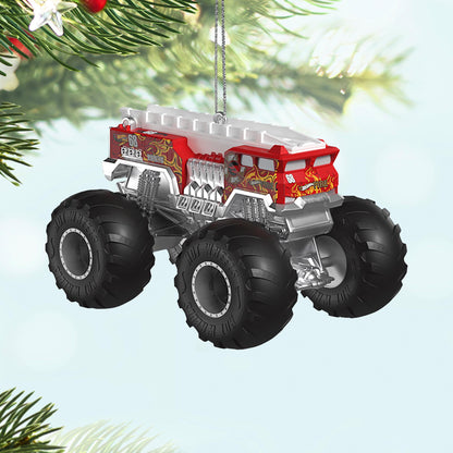 Hot Wheels™ Monster Trucks, HW 5-Alarm™ — 2025 Hallmark Keepsake Christmas Ornament, detailed view of red and silver design with oversized wheels.