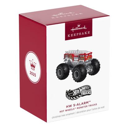 Hot Wheels™ Monster Trucks, HW 5-Alarm™ — 2025 Hallmark Keepsake Christmas Ornament in decorative packaging with red and white design.