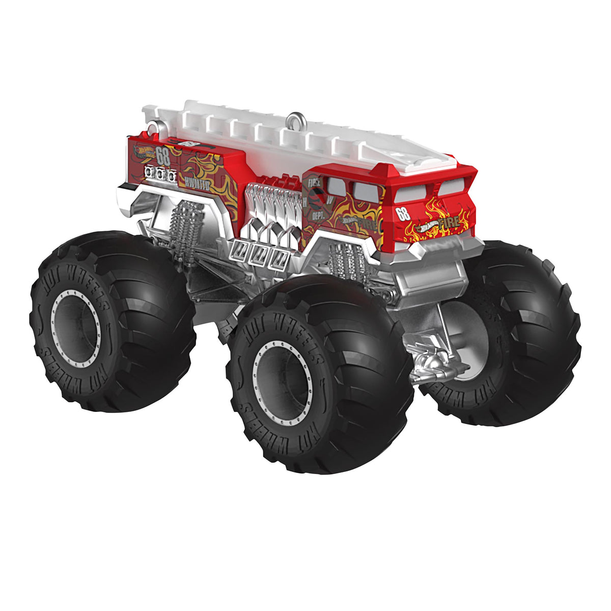 Hot Wheels™ Monster Trucks, HW 5-Alarm™ — 2025 Hallmark Keepsake Christmas Ornament, candy-apple red, detailed side view.