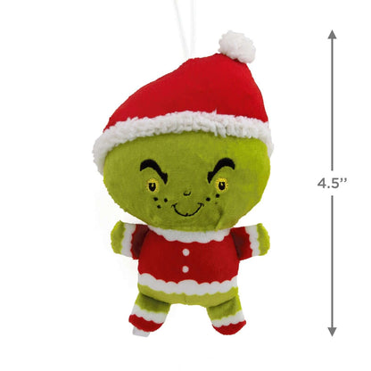Dr. Seuss's How the Grinch Stole Christmas!, plush fabric Hallmark Christmas ornament with Santa hat, 11.4 cm tall, front view