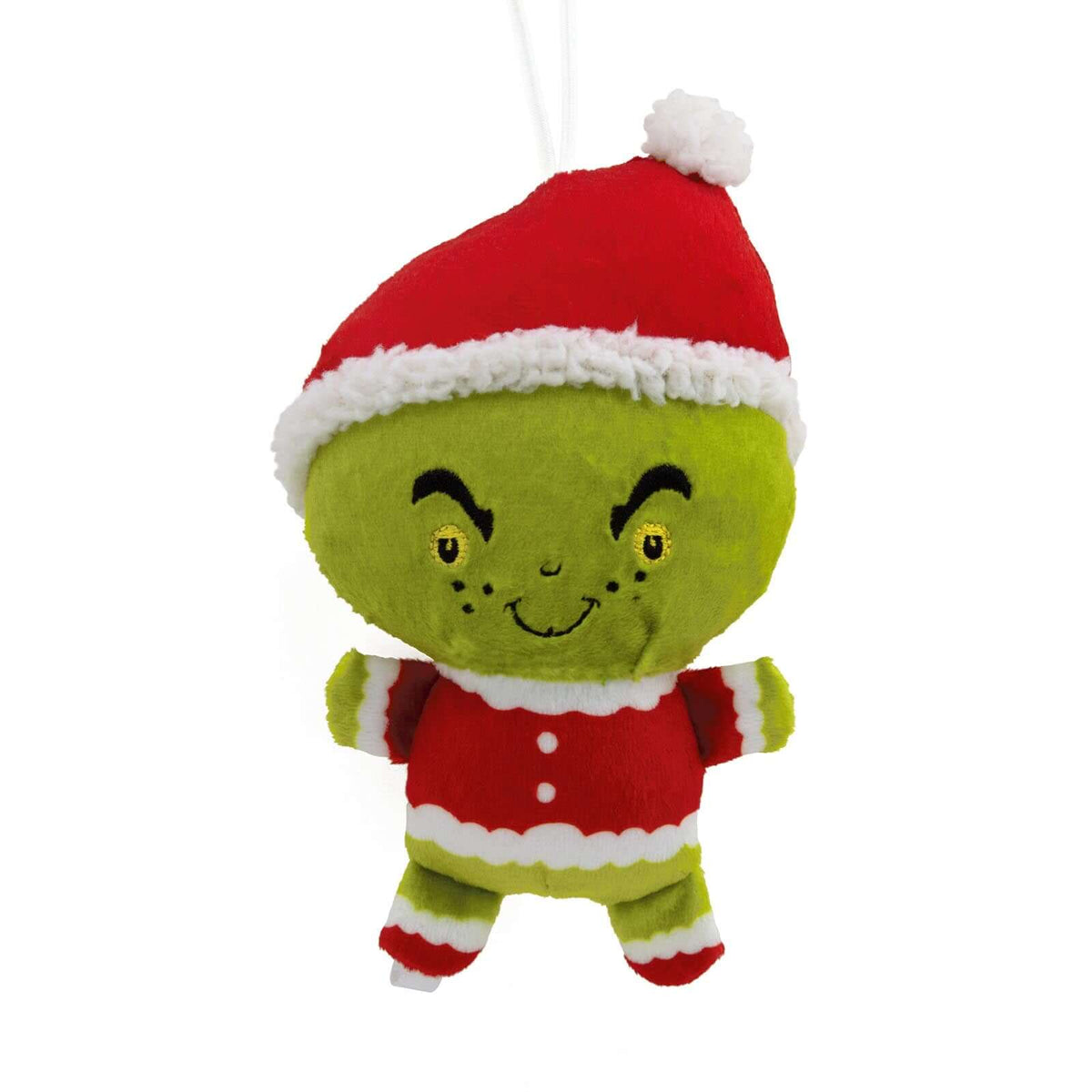 Dr. Seuss's How the Grinch Stole Christmas!, plush fabric Christmas ornament in a cute Grinch design with a red hat and festive outfit.
