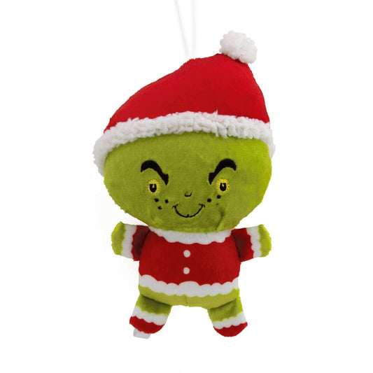 Dr. Seuss's How the Grinch Stole Christmas!, plush fabric Christmas ornament in a cute Grinch design with a red hat and festive outfit.