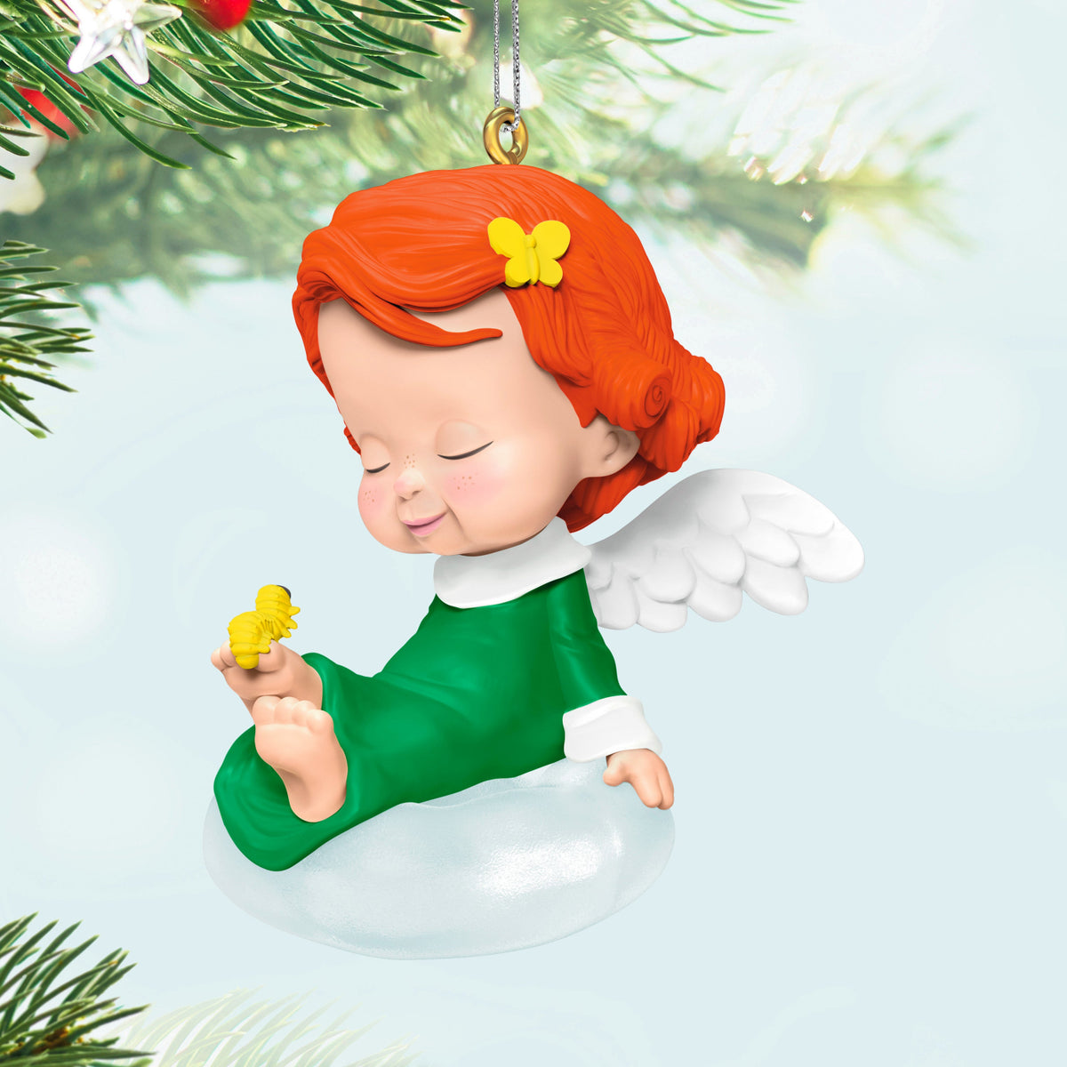 Hydrangea, 38th in the Mary's Angels Series — 2025 Hallmark Keepsake Christmas Ornament, sitting on a cloud with green dress and red curls.