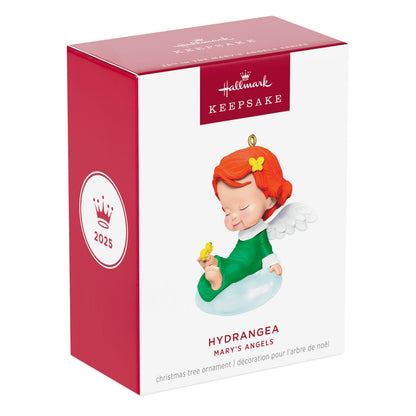 Hydrangea, 38th in the Mary's Angels Series — 2025 Hallmark Keepsake Christmas Ornament, in gift packaging with vibrant colours and angelic design.