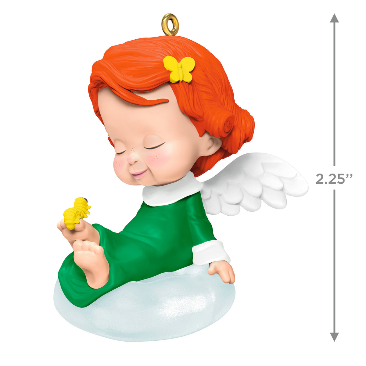 Hydrangea, 38th in the Mary's Angels Series — 2025 Hallmark Keepsake Christmas Ornament, features a smiling angel with red hair and a butterfly clip, seated on a fluffy cloud.