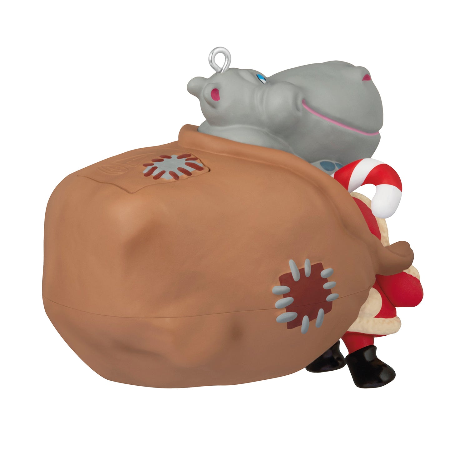 I Want a Hippopotamus for Christmas Musical — 2026 Hallmark Keepsake Christmas Ornament, artistic detail of Santa with hippo and large sack side view.
