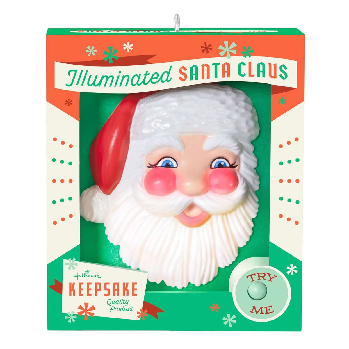 Holly Jolly Santa — 2025 Hallmark Keepsake Christmas Ornament in retro gift box showcasing illuminated details and vibrant colours.