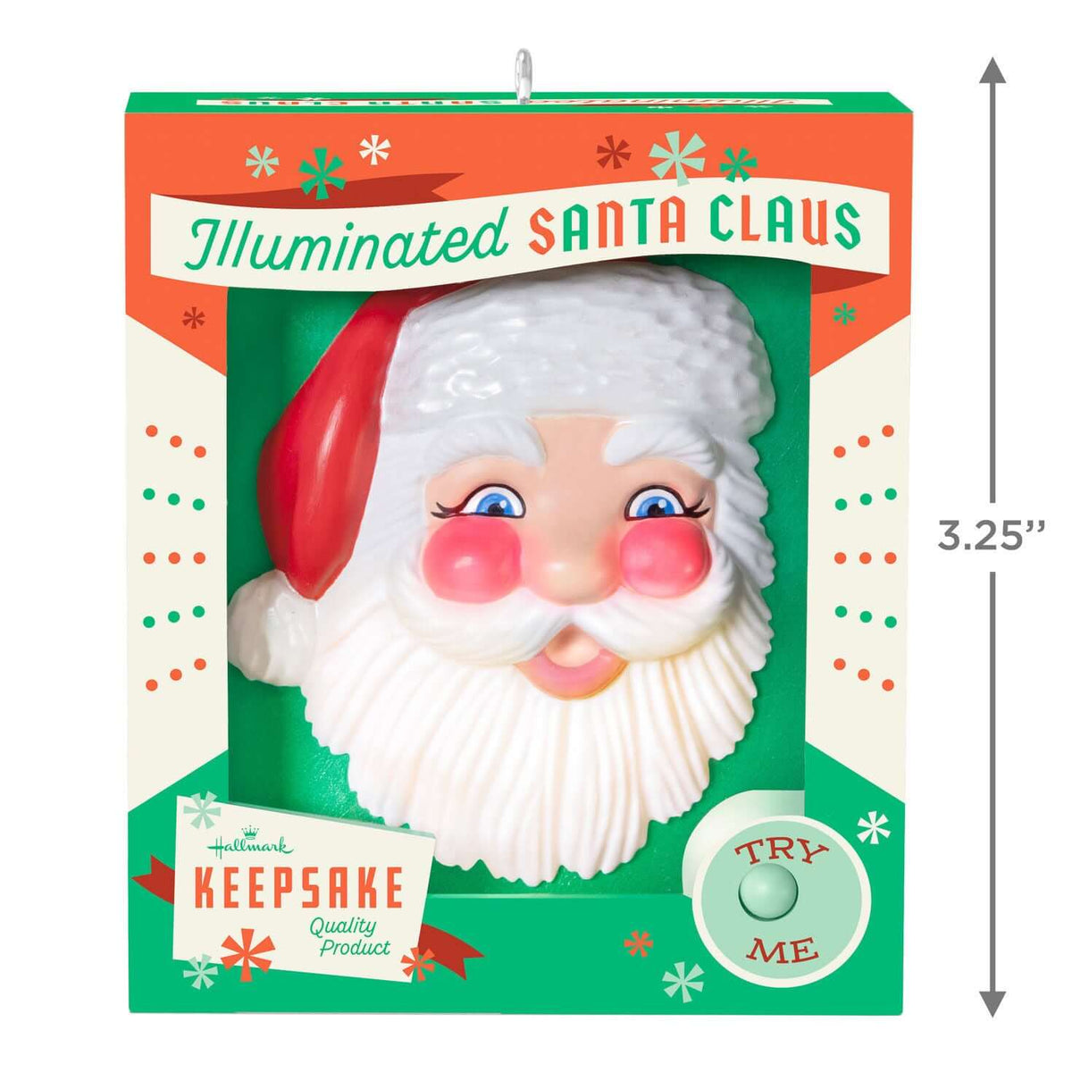 Holly Jolly Santa — 2025 Hallmark Keepsake Christmas Ornament in retro packaging showing illuminated Santa face detail, 3.25 inches.