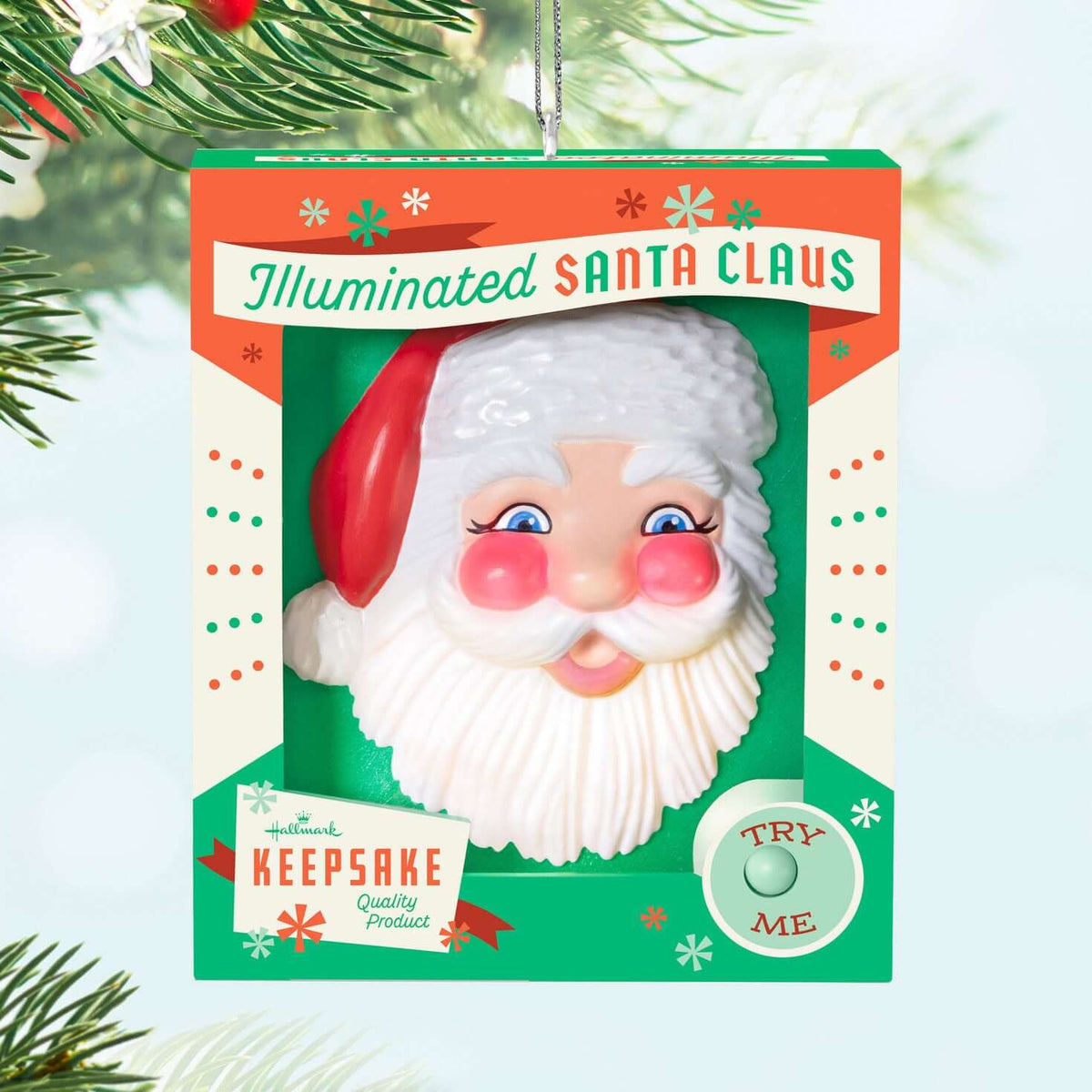 Holly Jolly Santa — 2025 Hallmark Keepsake Christmas Ornament, retro Santa face in gift box, illuminated design with rosy cheeks, 6.99 x 8.26 x 2.54 cm