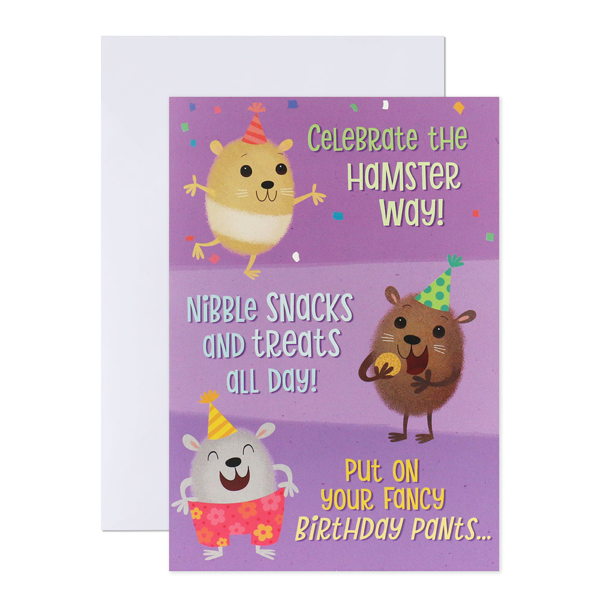 Hallmark Interactive Sound Card - Dancing Hamsters features illustrated hamsters in party hats against a purple background.