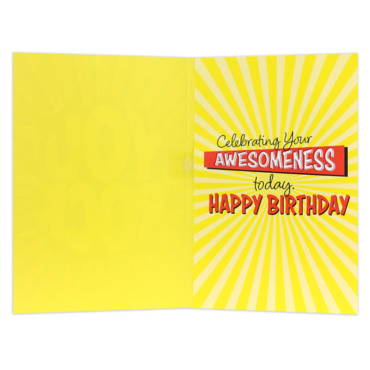 Hallmark Interactive Sound Card- You Rock, opened view, featuring yellow rays and celebratory messages inside, perfect for birthdays.