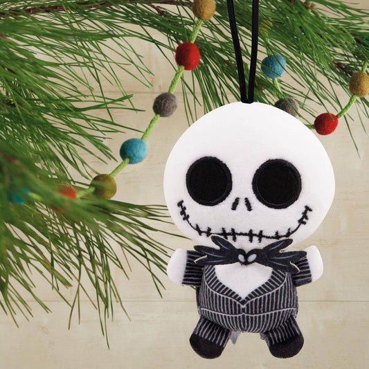 Disney Tim Burton's The Nightmare Before Christmas Jack Skellington, plush fabric Christmas ornament hanging on a pine tree branch.