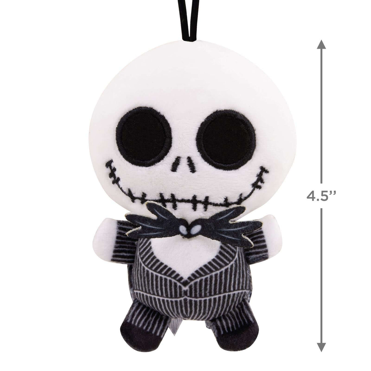 Disney Tim Burton's The Nightmare Before Christmas Jack Skellington, plush fabric ornament, 11.4cm tall, front view with black and white detailing.