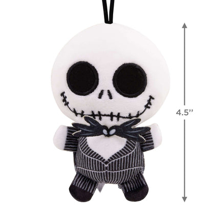 Disney Tim Burton's The Nightmare Before Christmas Jack Skellington, plush fabric ornament, 11.4cm tall, front view with black and white detailing.