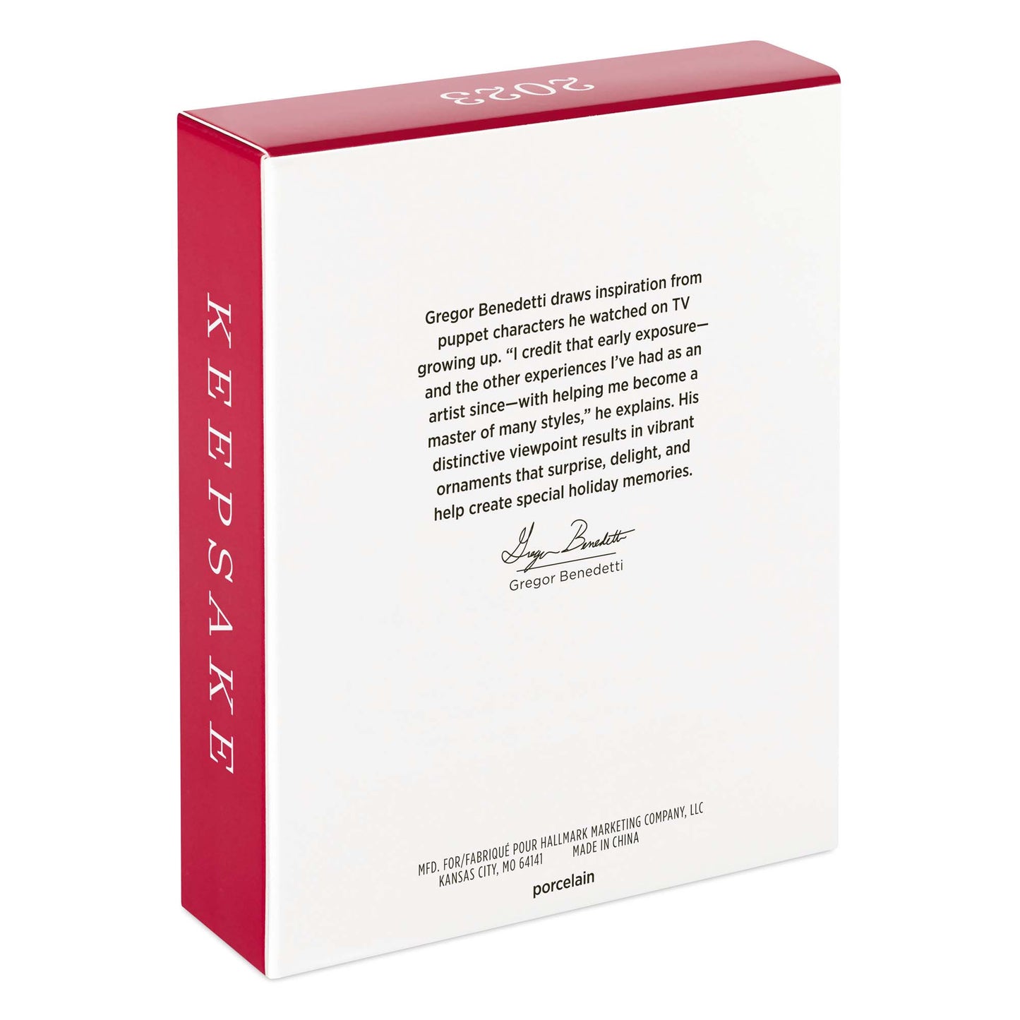 Snowflake (Porcelain) — 2023 Hallmark Keepsake Christmas Ornament packaging showcasing Gregor Benedetti's design inspiration and details.