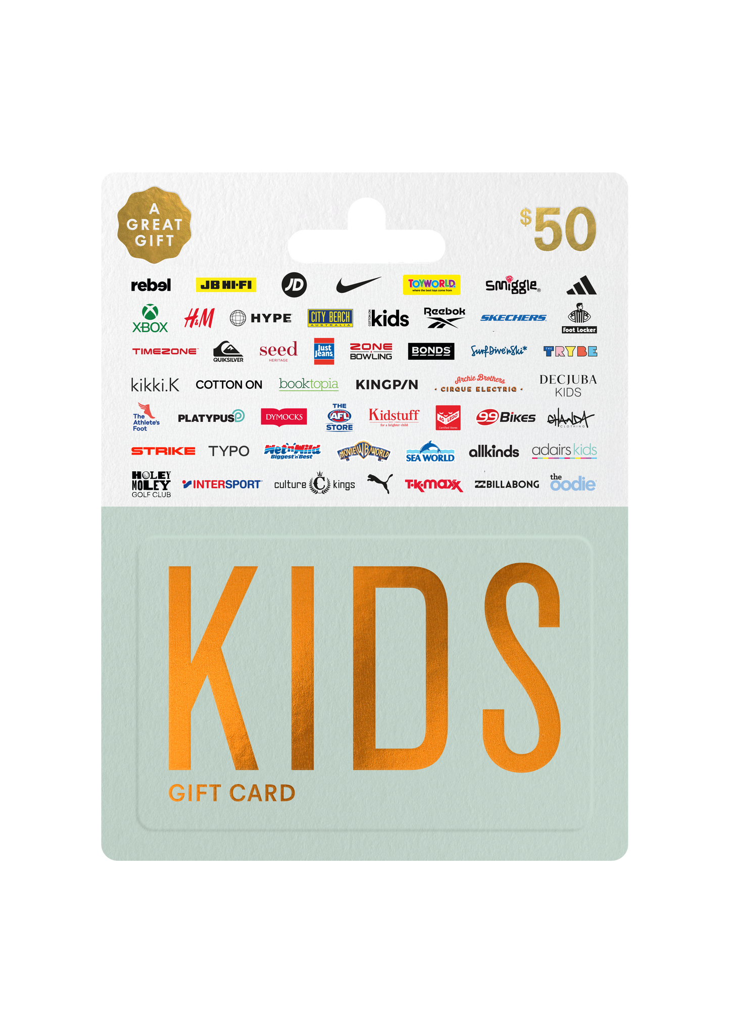 Gift card for kids with multiple brand logos on a white background