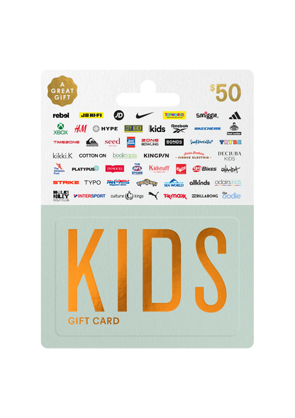 Gift card for kids with multiple brand logos on a white background