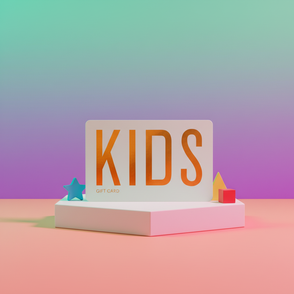 Gift card with 'KIDS' text on a colorful gradient background