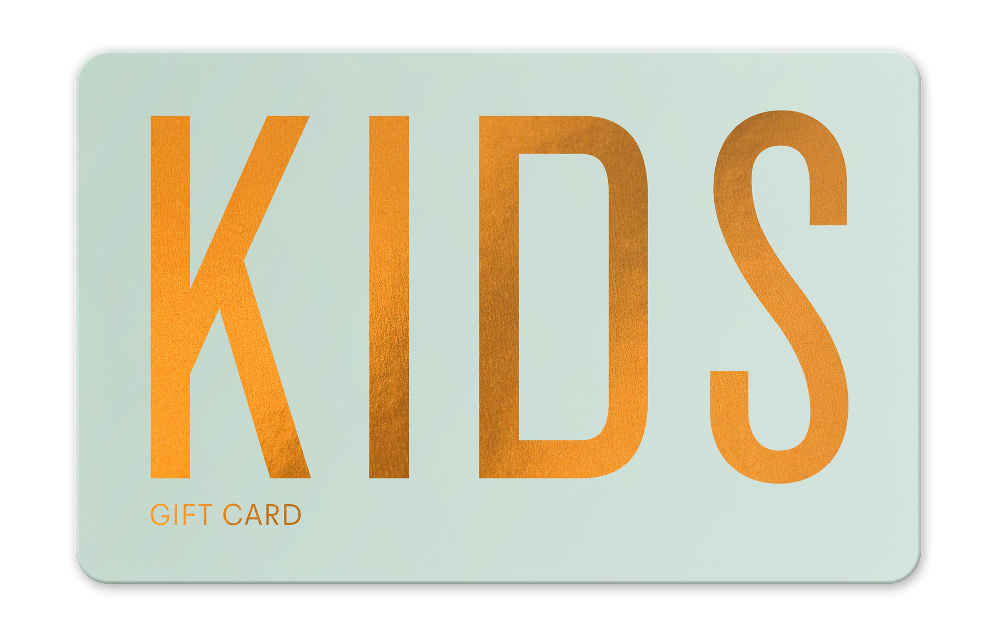 Gift card with 'KIDS' in orange on a light blue background
