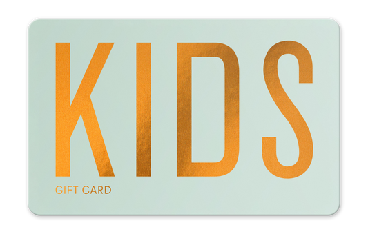Gift card with 'KIDS' in orange on a light blue background