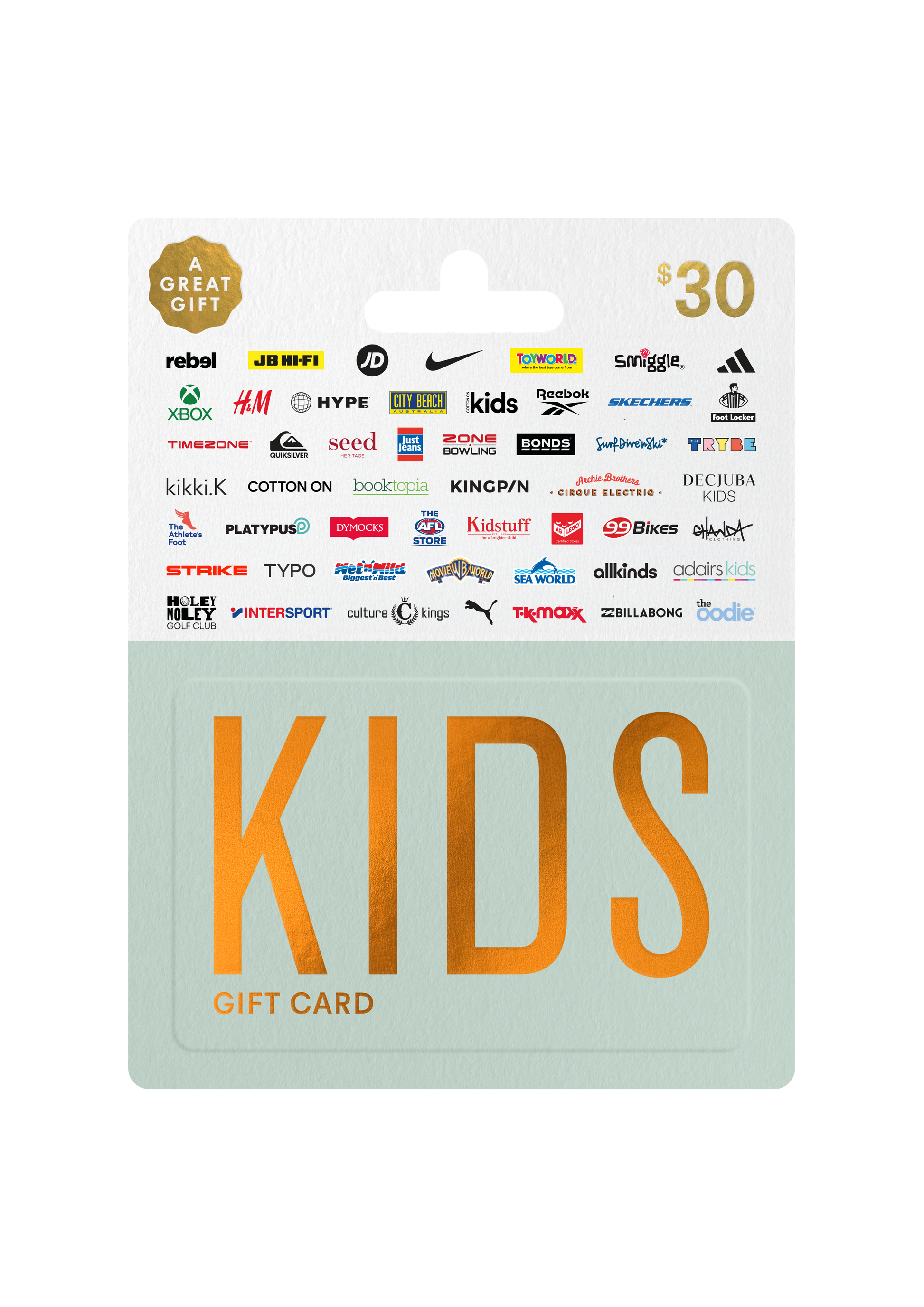 Gift card for kids with multiple brand logos on a white background