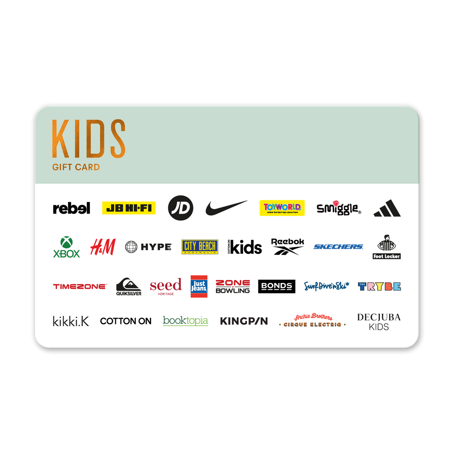 Gift card with various brand logos on a light green and white background