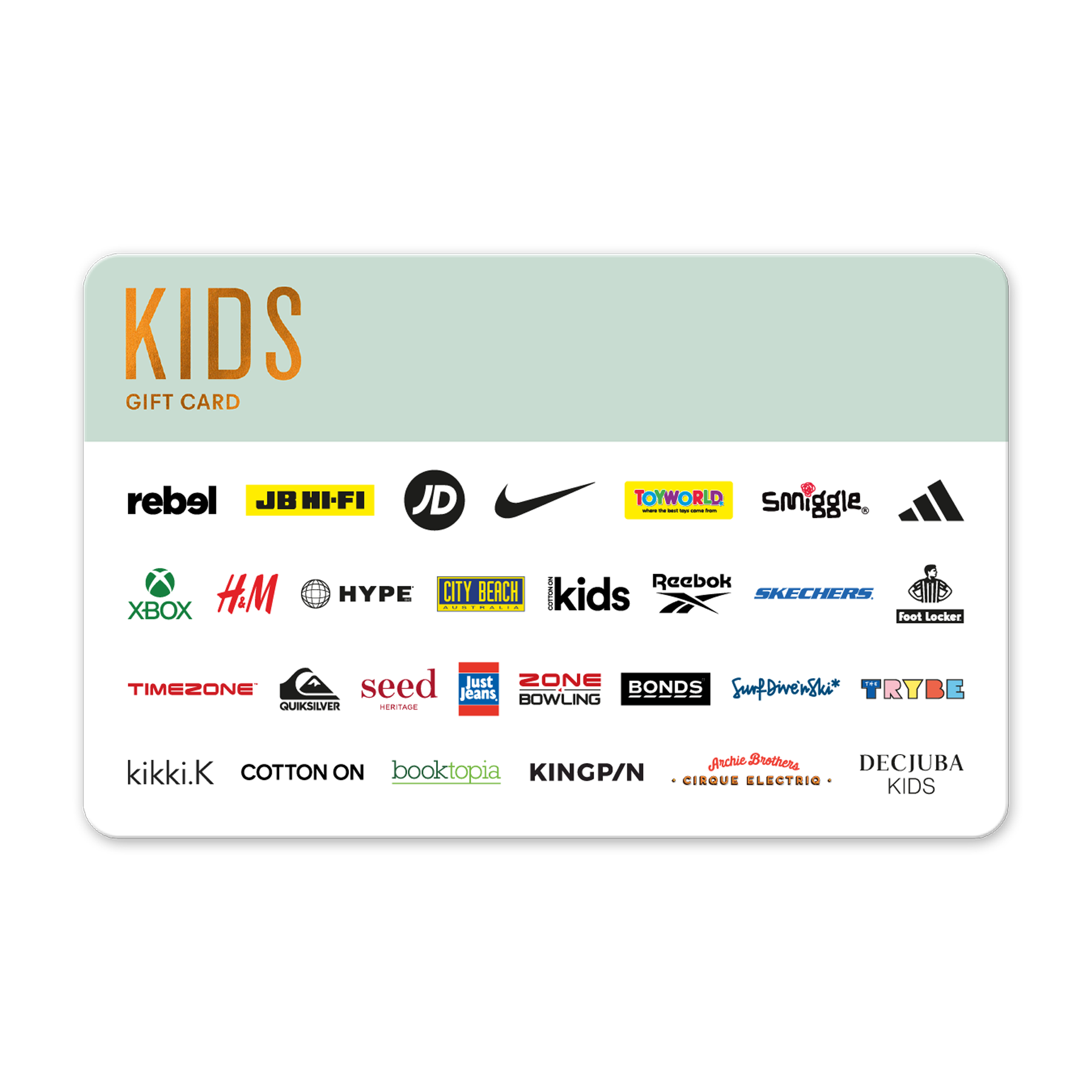 Gift card with various brand logos on a light green and white background