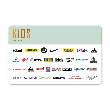 Gift card with various brand logos on a light green and white background